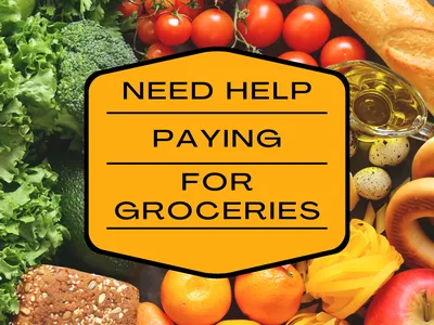 Yellow text box over a background with broccoli, tomatoes, bread, oranges, apples, grapes