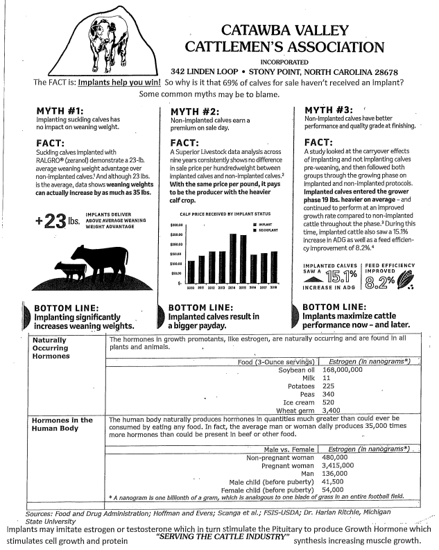 Catawba Valley Cattlemen's Association flyer: implants increase weaning weights (+23 lbs)