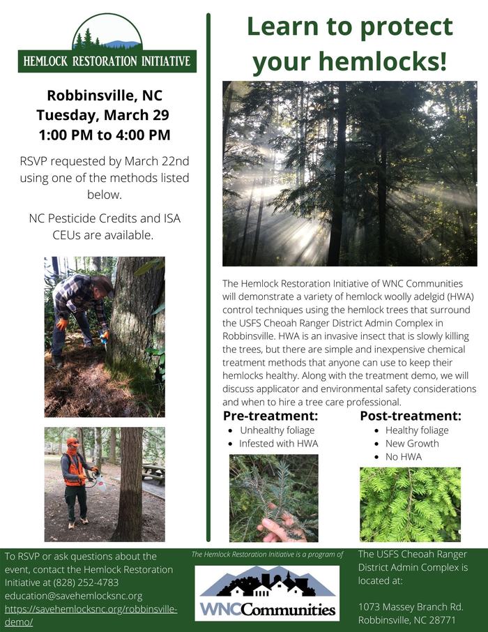 Flyer with details about upcoming hemlock workshop in Robbinsville