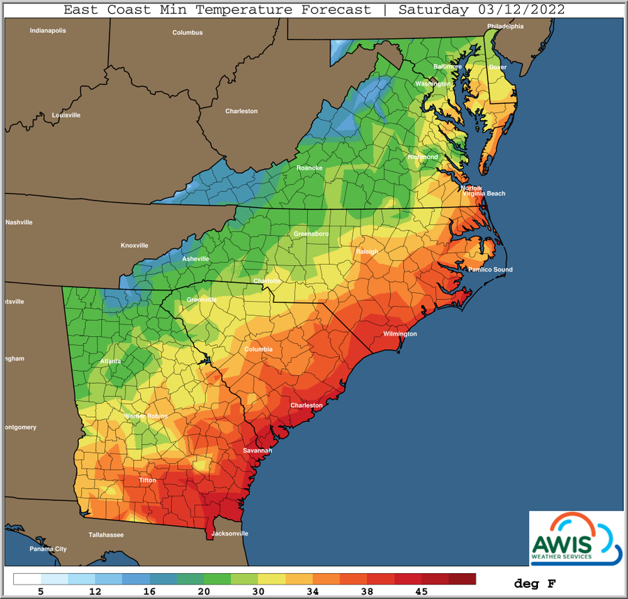 East Coast minimum temperature forecast map for Saturday 03/12/2022 with color scale (deg F)