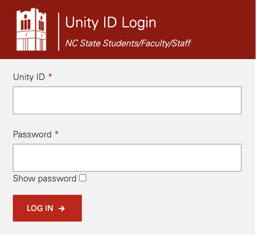 Unity ID Login — NC State Students/Faculty/Staff; Unity ID and Password fields, Show password, LOG IN