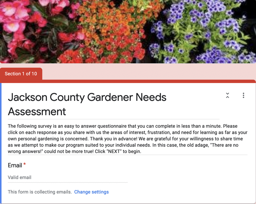 Form titled "Jackson County Gardener Needs Assessment" with introductory text and email field