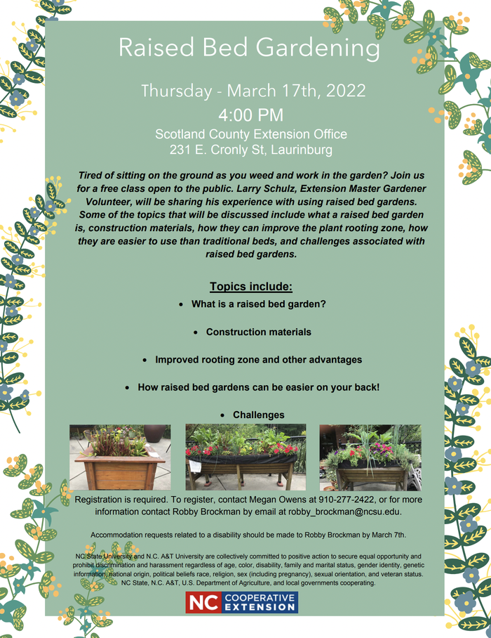 Raised Bed Gardening class — March 17, 2022, 4:00 PM at Scotland County Extension Office