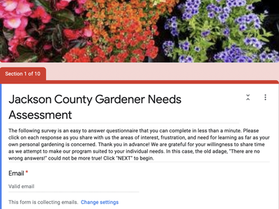 Form titled "Jackson County Gardener Needs Assessment" with introductory text and email field