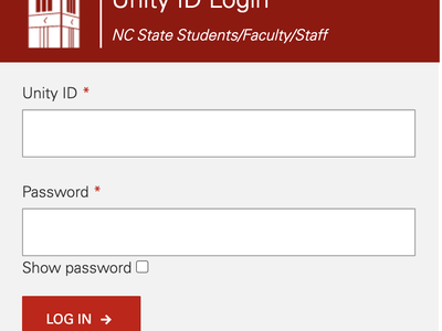 Unity ID Login — NC State Students/Faculty/Staff; Unity ID and Password fields, Show password, LOG IN