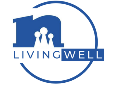 Blue circular logo with stylized "n", three person icons, and text "LIVING WELL"