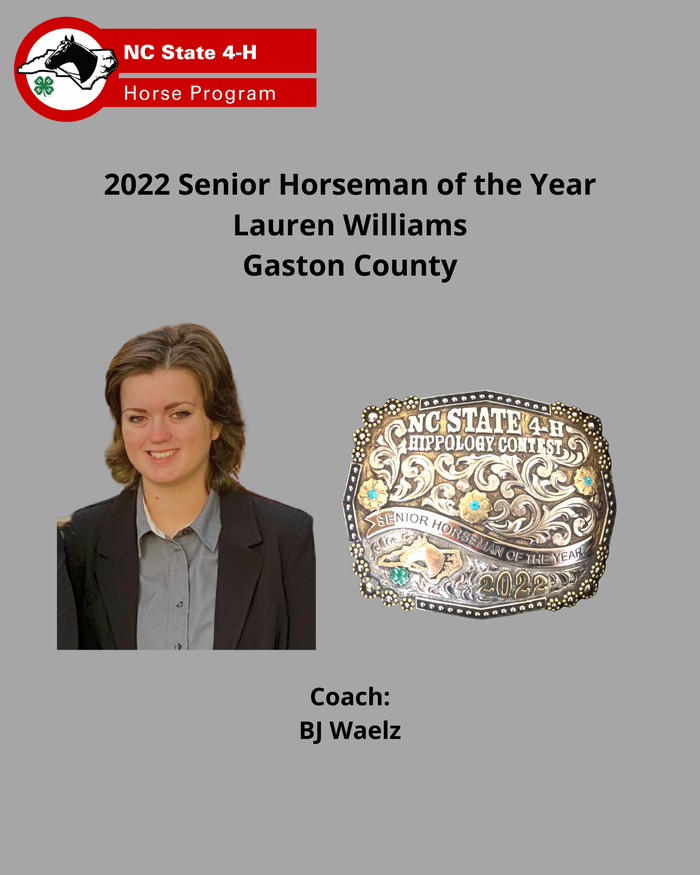NC State 4-H Horse Program poster: 2022 Senior Horseman of the Year (name redacted), belt and portrait