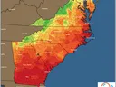 Map: East Coast minimum temperature forecast, Sunday 03/27/2022, color scale in °F