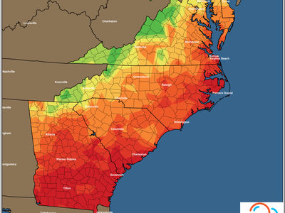 Map: East Coast minimum temperature forecast, Sunday 03/27/2022, color scale in °F