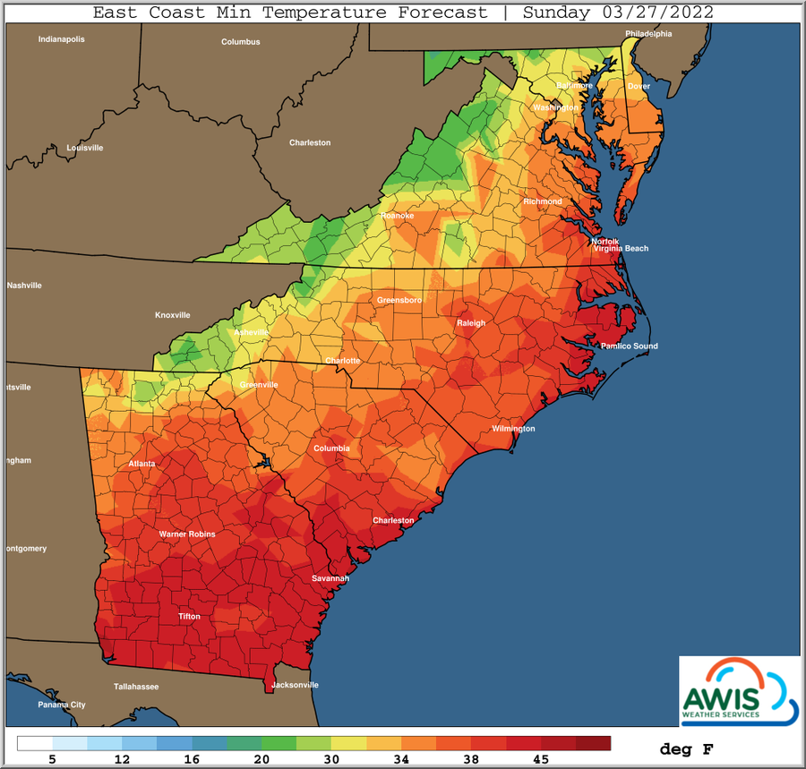 Map: East Coast minimum temperature forecast, Sunday 03/27/2022, color scale in °F