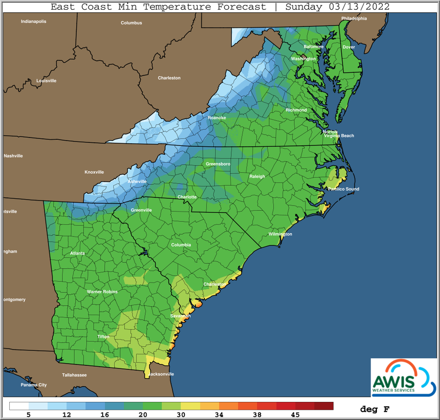 East Coast minimum temperature forecast map, Sunday 03/13/2022, color legend in °F