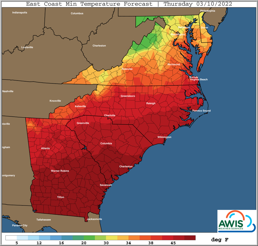 East Coast minimum temperature forecast map for Thursday 03/10/2022 with color legend (°F)