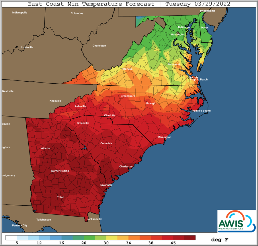East Coast min temperature forecast map, Tuesday 03/29/2022, colored temperature scale in deg F