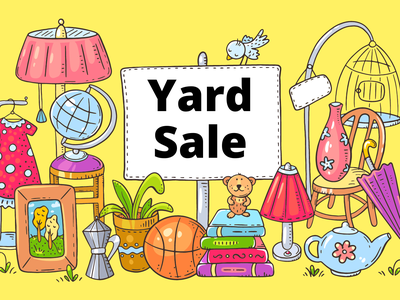 Yard Sale sign surrounded by assorted household items: lamp, globe, dress, books, toys
