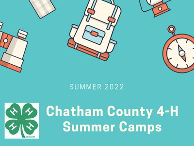 Camping icons; text: Summer 2022; Chatham County 4-H Summer Camps; Registration coming soon!