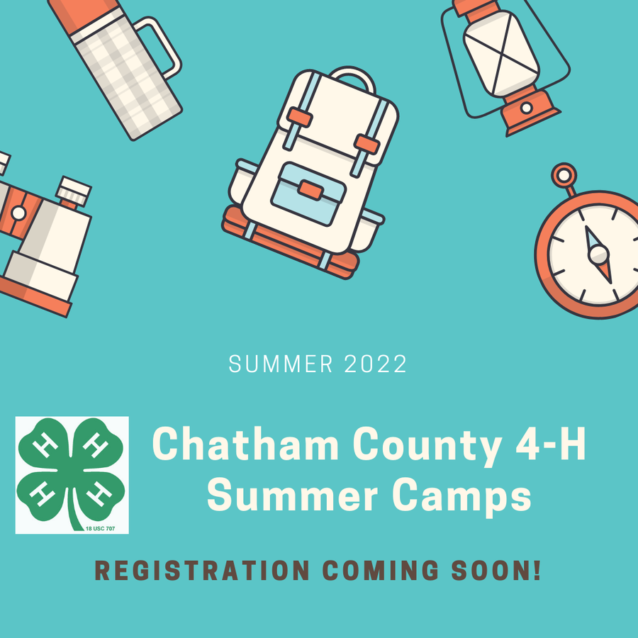 Camping icons; text: Summer 2022; Chatham County 4-H Summer Camps; Registration coming soon!