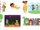 Children doing outdoor activities: circle game, swimming, hiking, tree climbing, campfire, tent