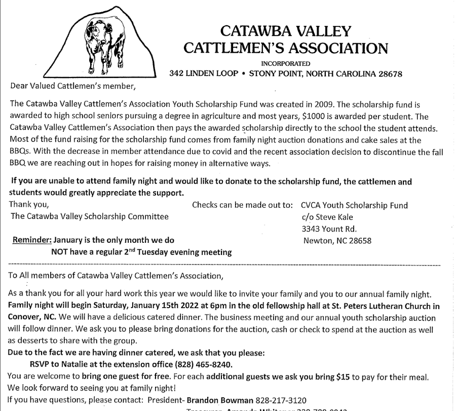 Catawba Valley Cattlemen's Association letter about youth scholarship and family night
