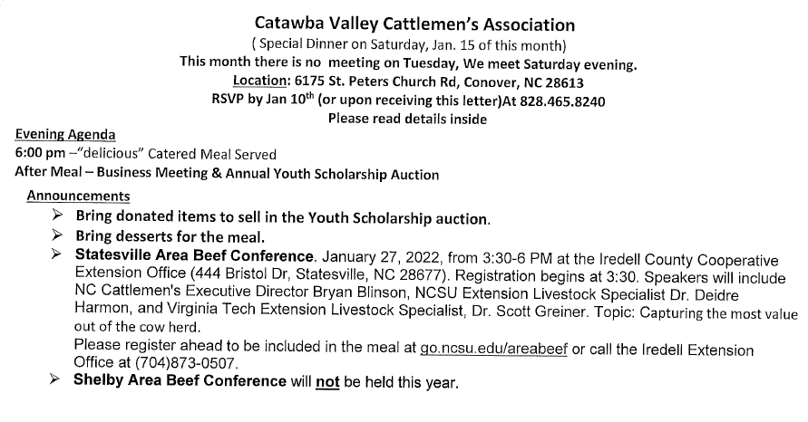 Catawba Valley Cattlemen's Association dinner Jan 15 RSVP by Jan 10 828-465-8240