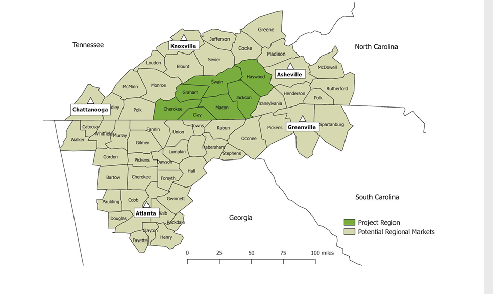 Map showing dark green Project Region across counties, with city labels (Knoxville, Asheville, Chattanooga, Greenville, Atlanta)