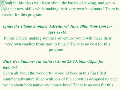 4-H Summer Adventures! flyer with program titles and June dates for youth programs