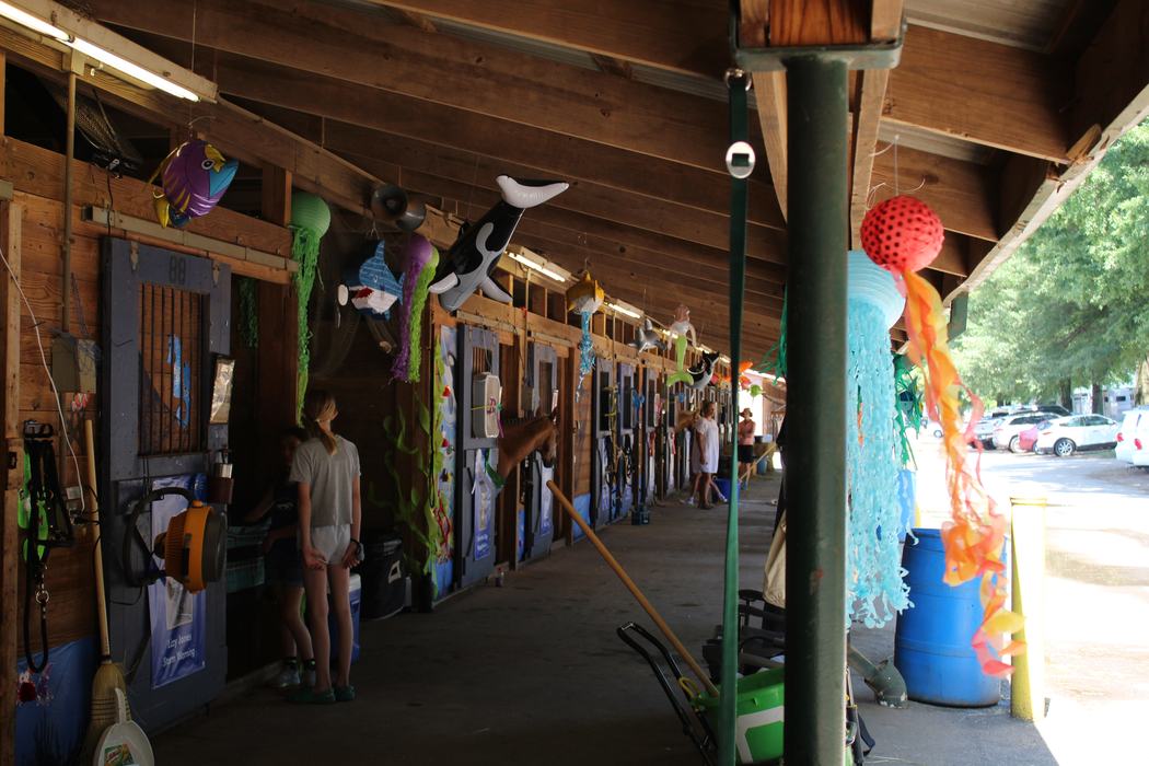 Row of decorated horse stalls in barn, horse head poking out and people in walkway