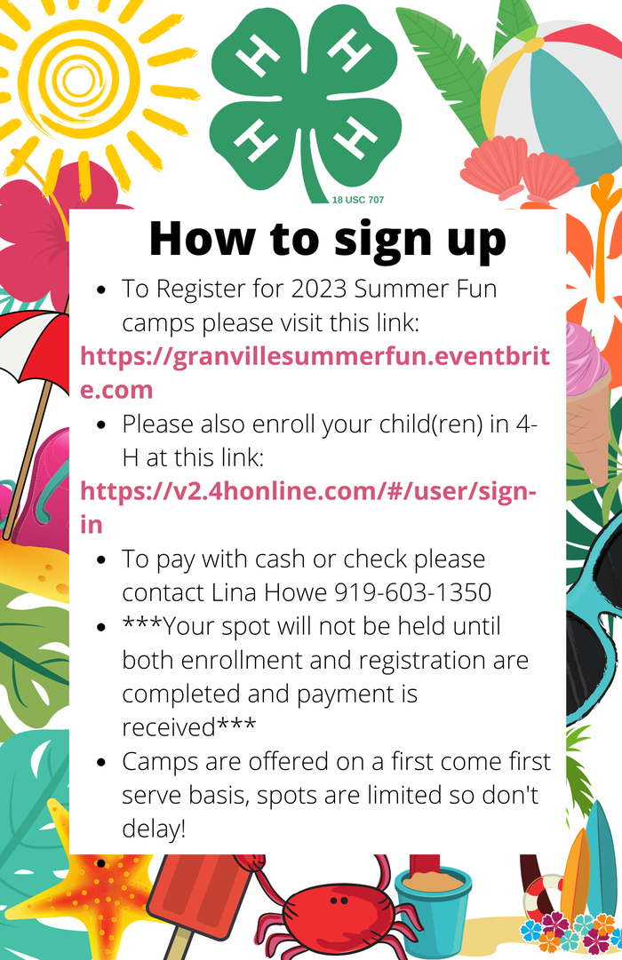 How to sign up flyer: register at granvillesummerfun.eventbrite.com; enroll at v2.4honline.com