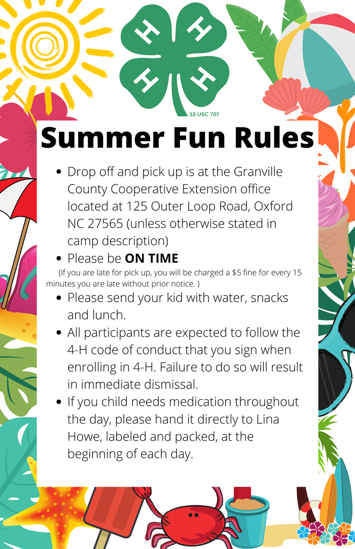 Summer Fun Rules flyer; 4-H clover; Drop-off: Granville County Cooperative Extension, 125 Outer Loop Rd
