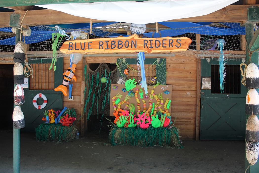 Wooden stall decorated with marine-themed crafts and sign "BLUE RIBBON RIDERS"