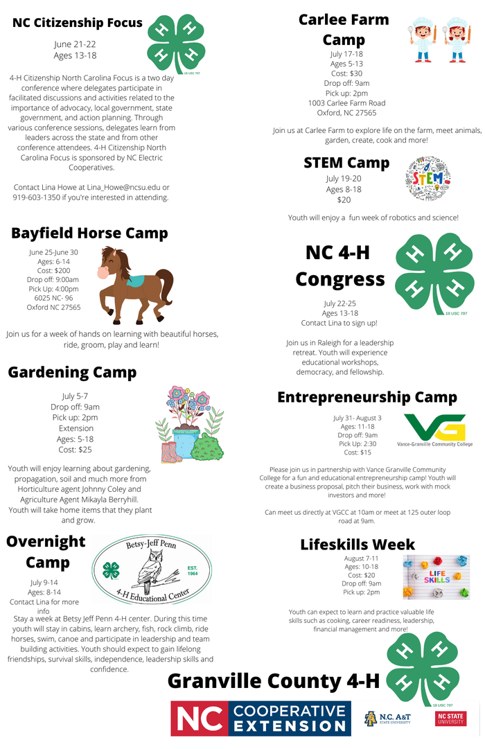 Granville County 4‑H camps flyer with dates, camp names, and brief descriptions