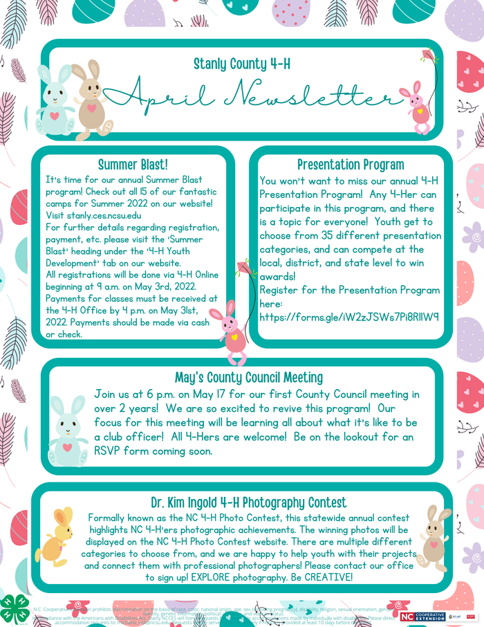 Stanly County 4‑H April Newsletter: Summer Blast, Presentation, Council, Photo Contest