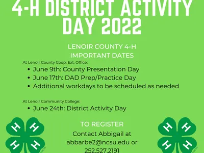 4-H District Activity Day 2022 — June dates listed; register: abbarbe2@ncsu.edu 252.527.2191