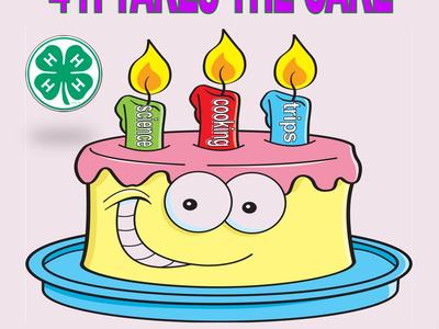 Wayne County 4‑H "4-H TAKES THE CAKE" with Summer Day Camps; cake candles labeled science, cooking, trips