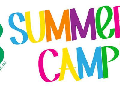 Green 4-H four-leaf clover with H's, colorful "SUMMER CAMP" text and smiling sun