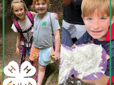 Two girls hiking in woods; boy holding purple object covered in white foam; 4‑H clover
