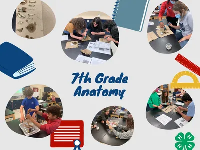 Students dissecting specimens at lab tables; text "7th Grade Anatomy" centered.