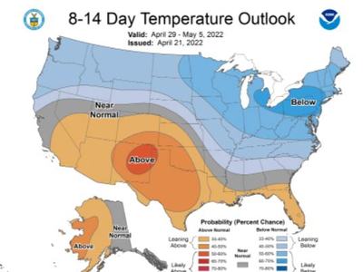 8–14 Day Temperature Outlook map showing above-normal center over central US; valid Apr 29–May 5, 2022