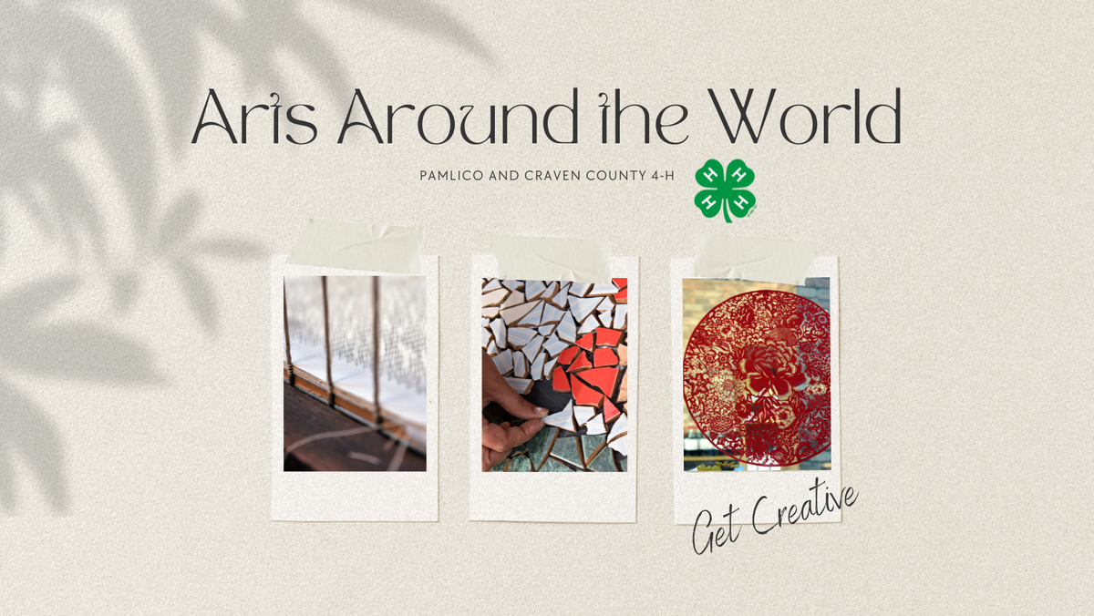 Arts Around the World 4-H Camp Header image with three pictures of kids doing art