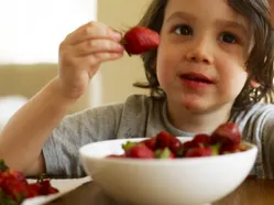 Child holding a strawberry near their mouth with a bowl of strawberries on the table