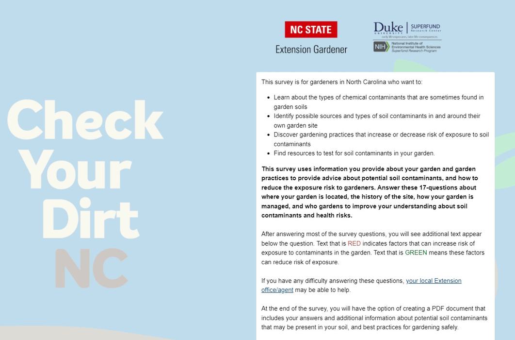 "Check Your Dirt NC" text beside a survey information panel for North Carolina gardeners