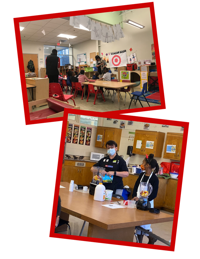 Collage: preschool class; masked instructor and student making a fruit smoothie