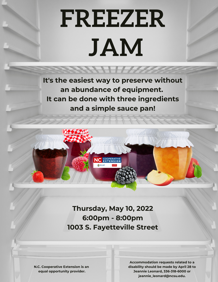 Freezer Jam workshop poster. Thursday May 10, 2022 from 6-8pm