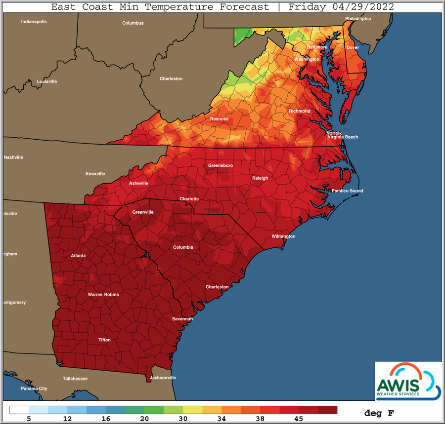 East Coast minimum temperature forecast map, Friday 04/29/2022, color scale in °F