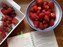 Bowl and tray of strawberries, some hulled, beside open cookbook titled DRYING FRUIT LEATHERS