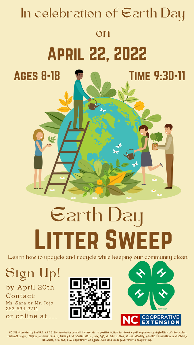 Earth Day Litter Sweep poster — April 22, 2022; Ages 8–18; Time 9:30–11; Sign up by April 20
