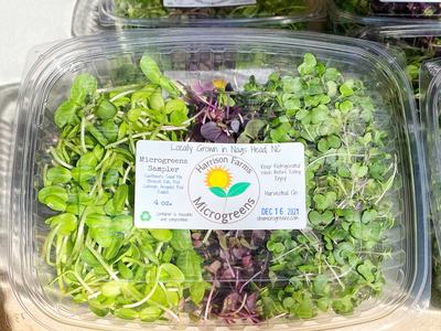 Harrison Farms clamshell labeled "Microgreens Sampler" containing green and purple microgreens