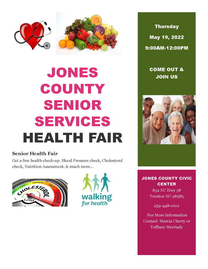 Join us on Thursday, May 19th, 2022, for the Jones County Senior Services Health Fair! Get a free health check up: Blood pressure check, cholesterol check, nutrition assessment, and more! Our FCS Agent, Sarah Ware, will be out there with the Blender Bike!! WHEN: Thursday, May 19th, 2022 | 9AM-12PM WHERE: Jones County Civic Center | 832 NC Hwy 58, Trenton, NC 28585 Call Jones County Senior Services at 252-448-1001 for more information!