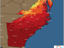 East Coast min temperature forecast map for Monday 04/18/2022, temperatures in deg F