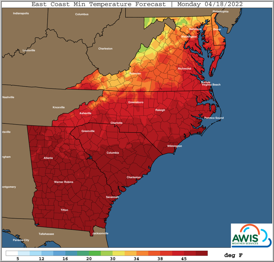 East Coast min temperature forecast map for Monday 04/18/2022, temperatures in deg F