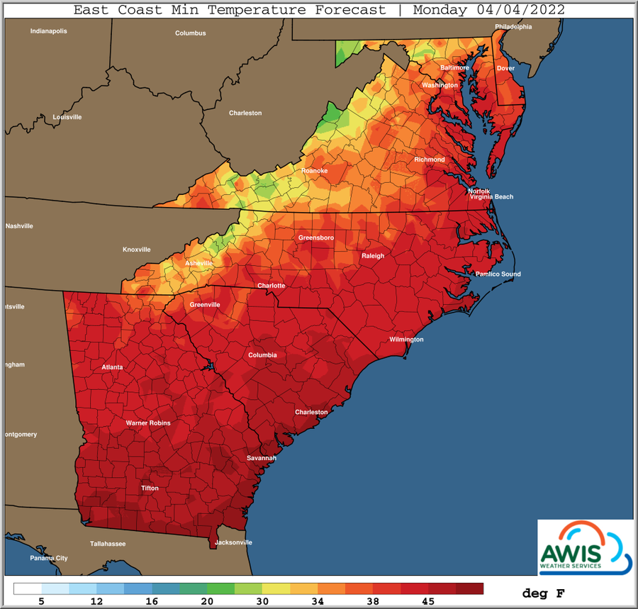 East Coast minimum temperature forecast map for Monday 04/04/2022, temperatures in deg F